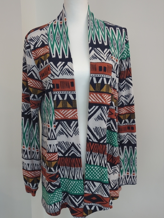 Adrienne Sweaters - Adrienne Open Cardigan in Teal, Rust, Black & White Geometric Print